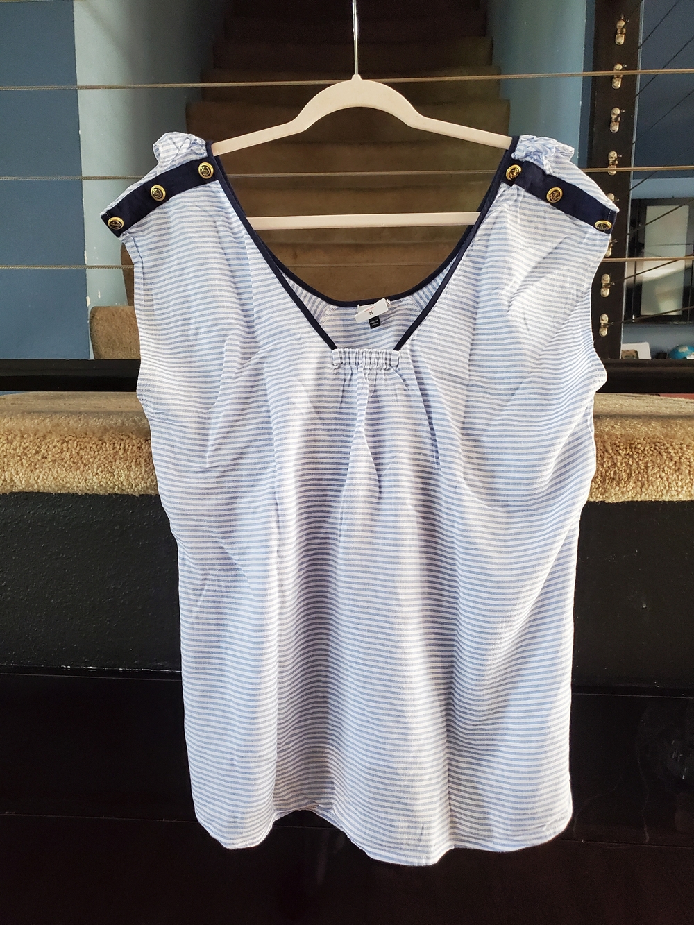 CAbi Light Blue and White Striped Tank with Navy Trim